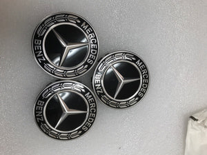 Set of 3 MERCEDES HUB COVERS 75 mm PARBERRY WREATH BLACK NEW A2224002200